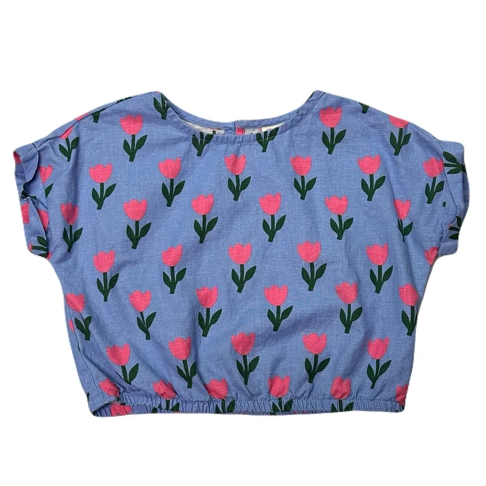 Hanna‎ Andersson Girls Floral Top Size 6-7 (120) Cotton Linen Spring Tulips